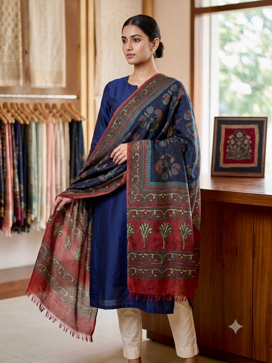 Black and Red Modal silk hand printed dupatta bagru
