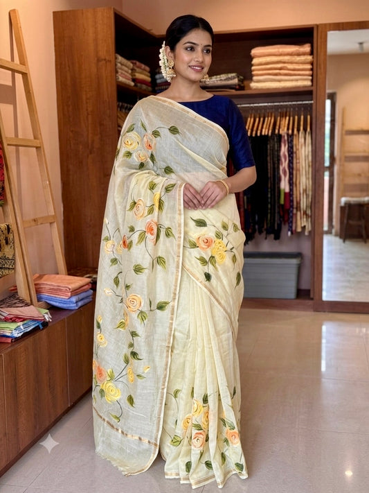 Yellow Pure soft Chanderi with hand printed flowers