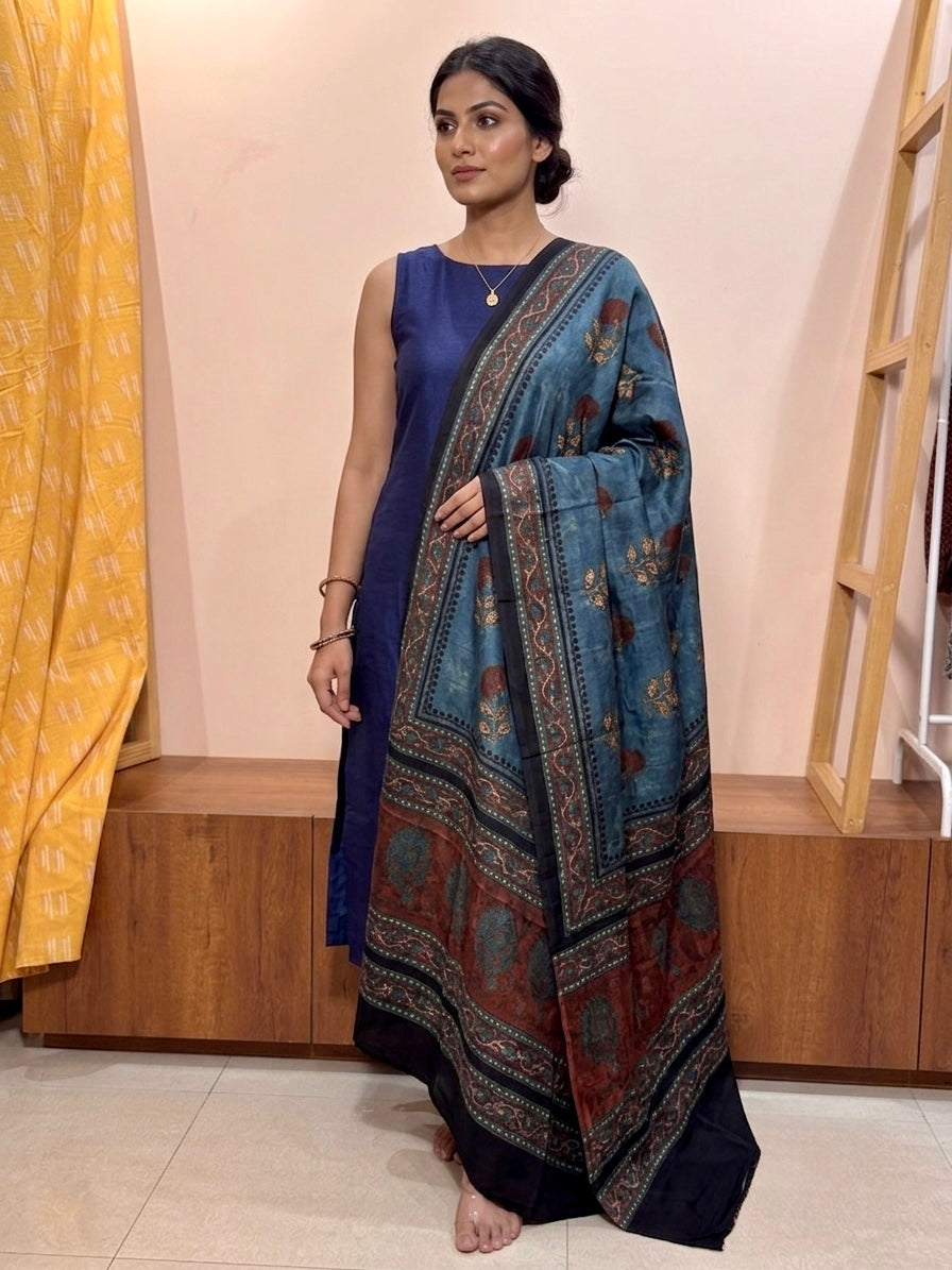 Modal silk hand printed dupatta bagru