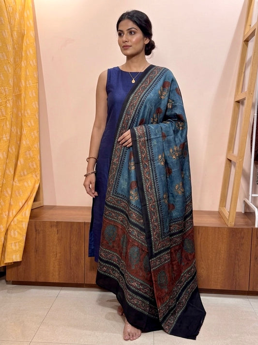 Modal silk hand printed dupatta bagru