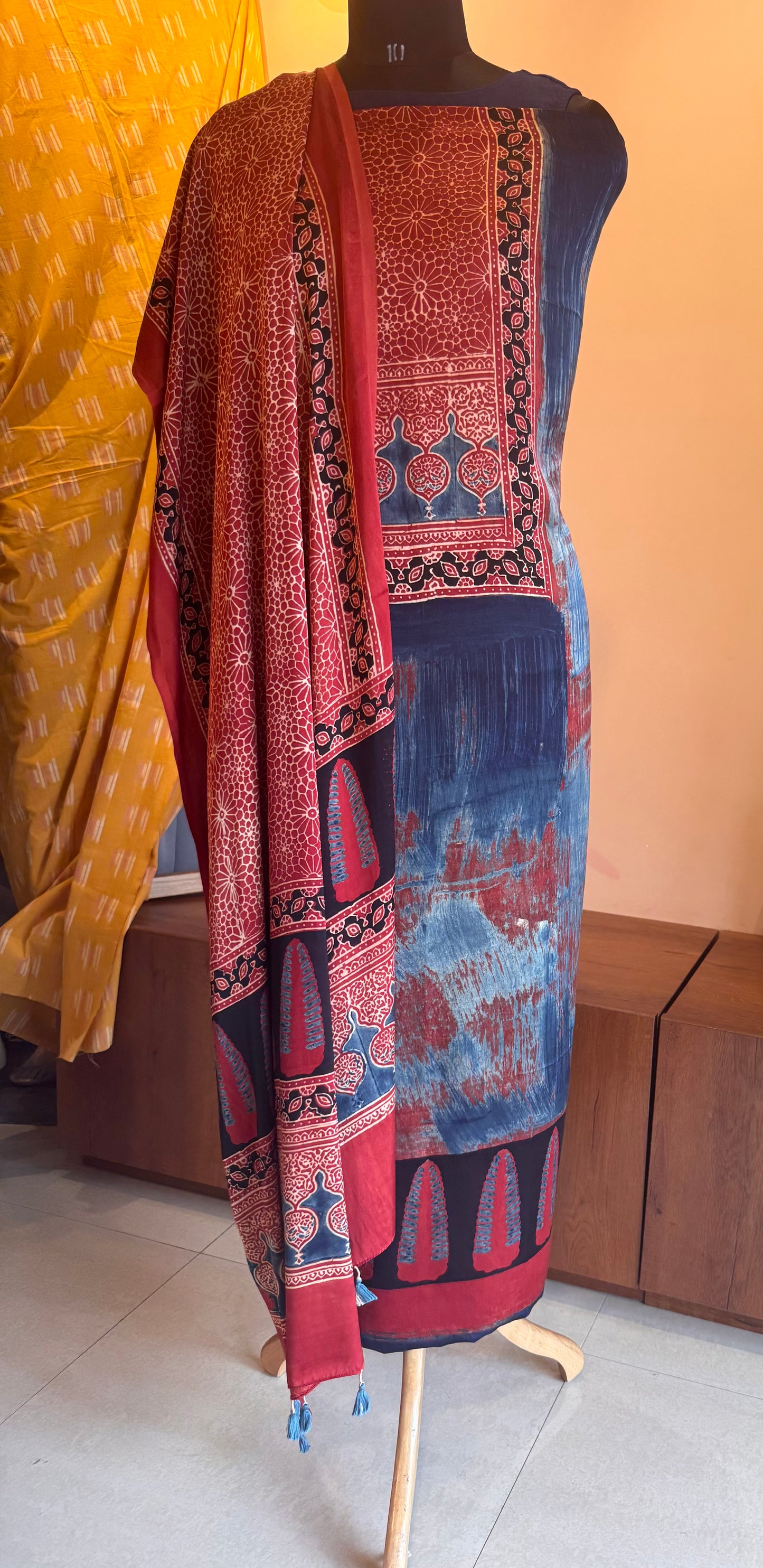Modal Red and Blue ajrakh print Kurta and dupatta set