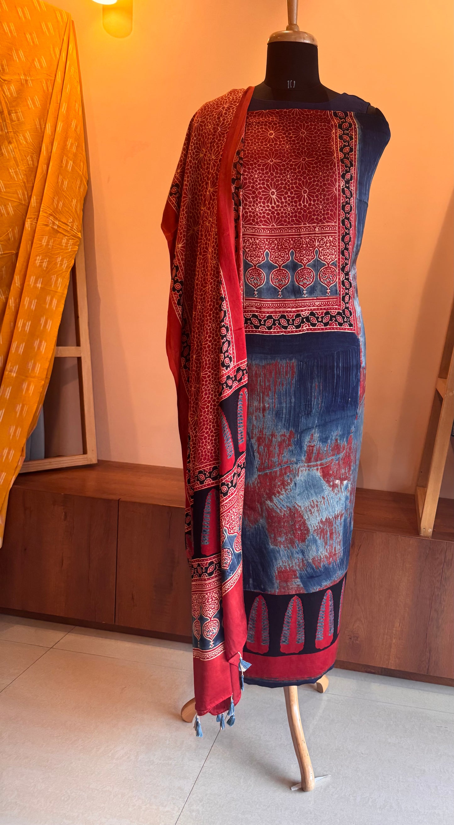 Modal Red and Blue ajrakh print Kurta and dupatta set