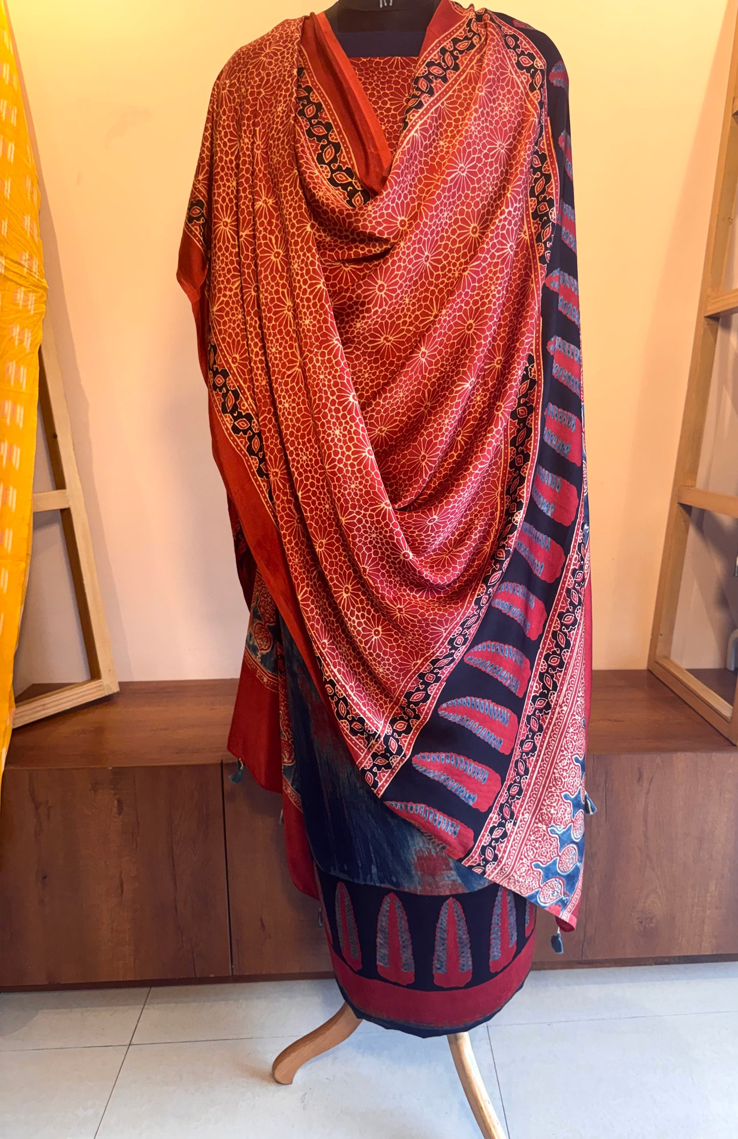 Modal Red and Blue ajrakh print Kurta and dupatta set