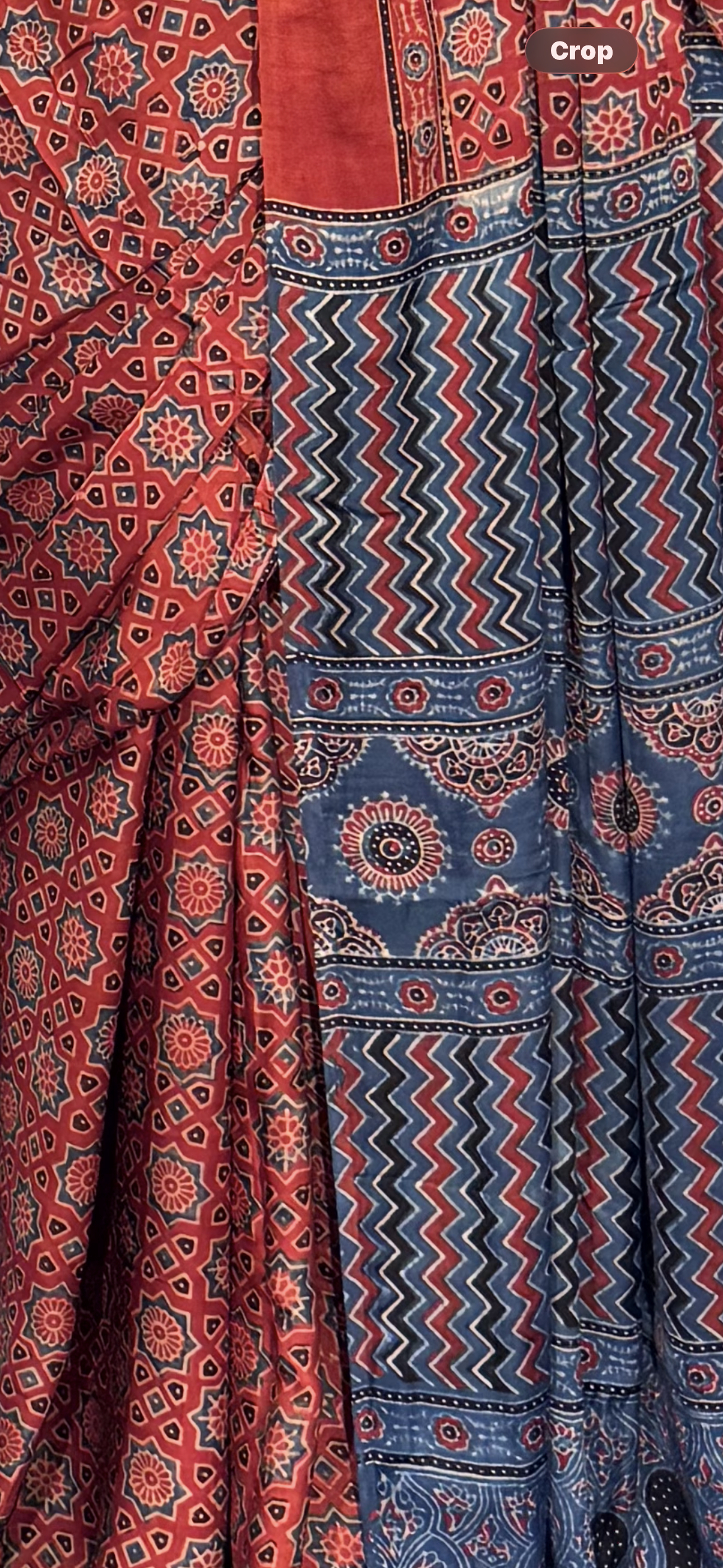 Ajrakh Blue and Red modal silk Saree Handblock with natural dyes