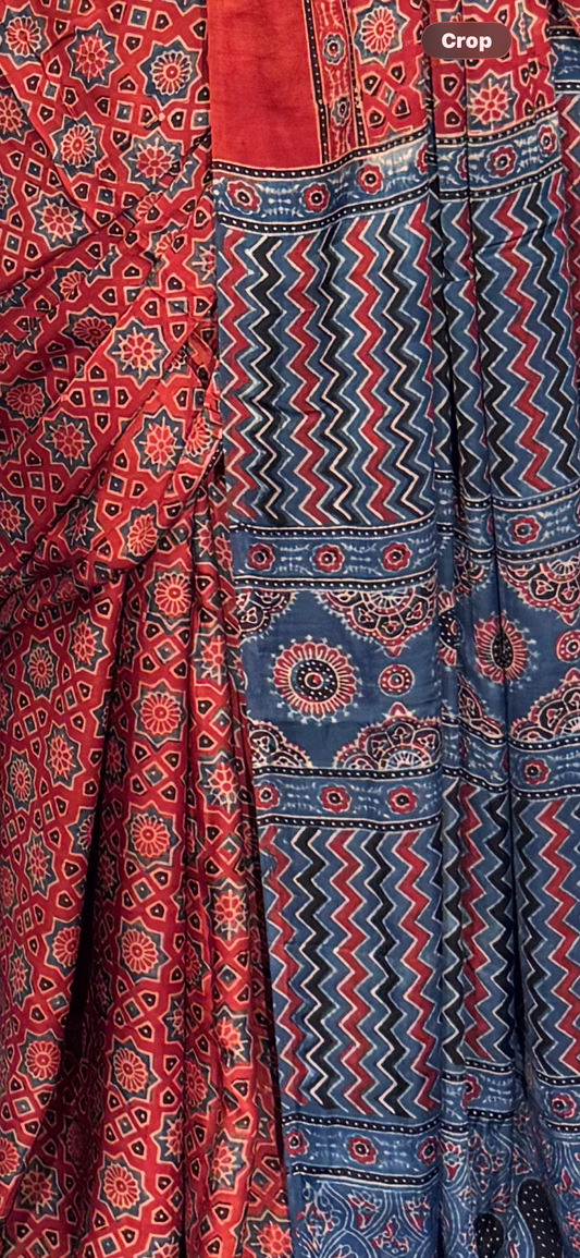 Ajrakh Blue and Red modal silk Saree Handblock with natural dyes