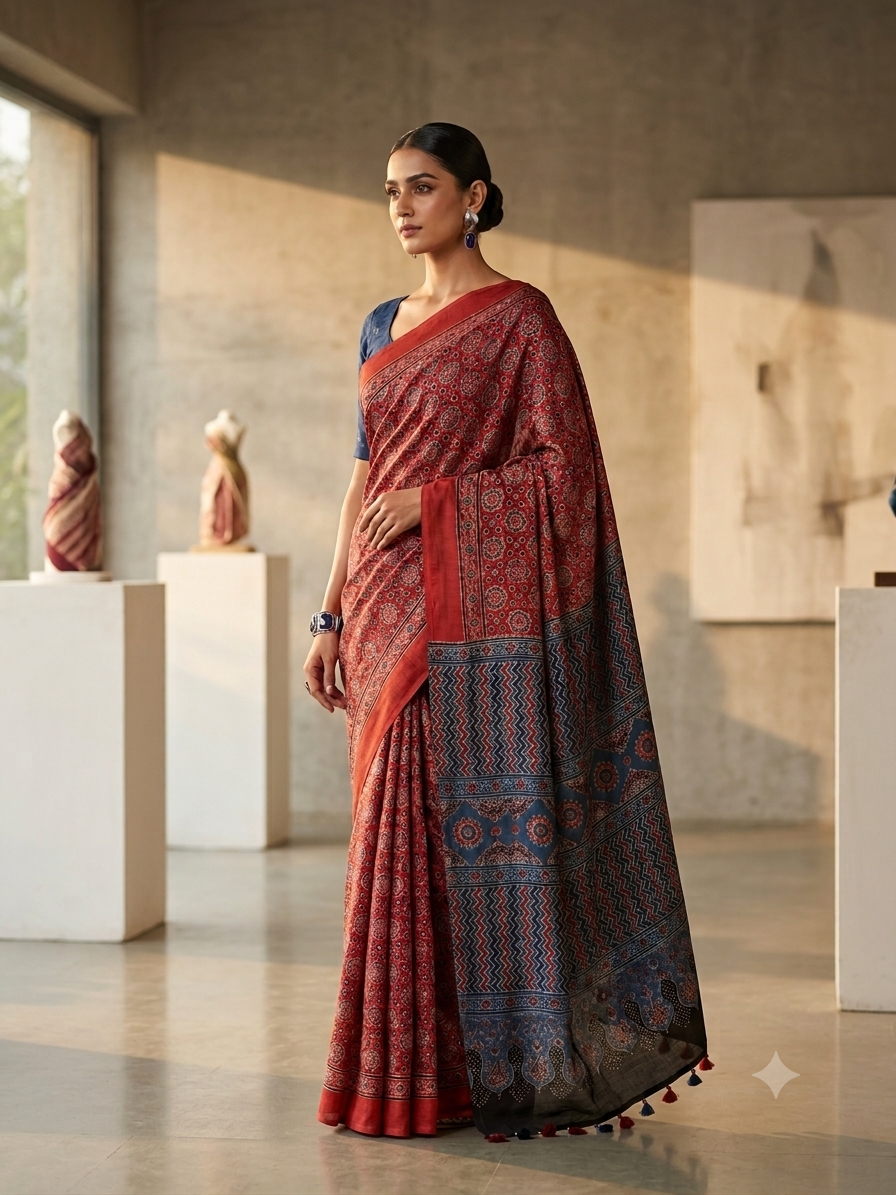 Ajrakh Blue and Red modal silk Saree Handblock with natural dyes