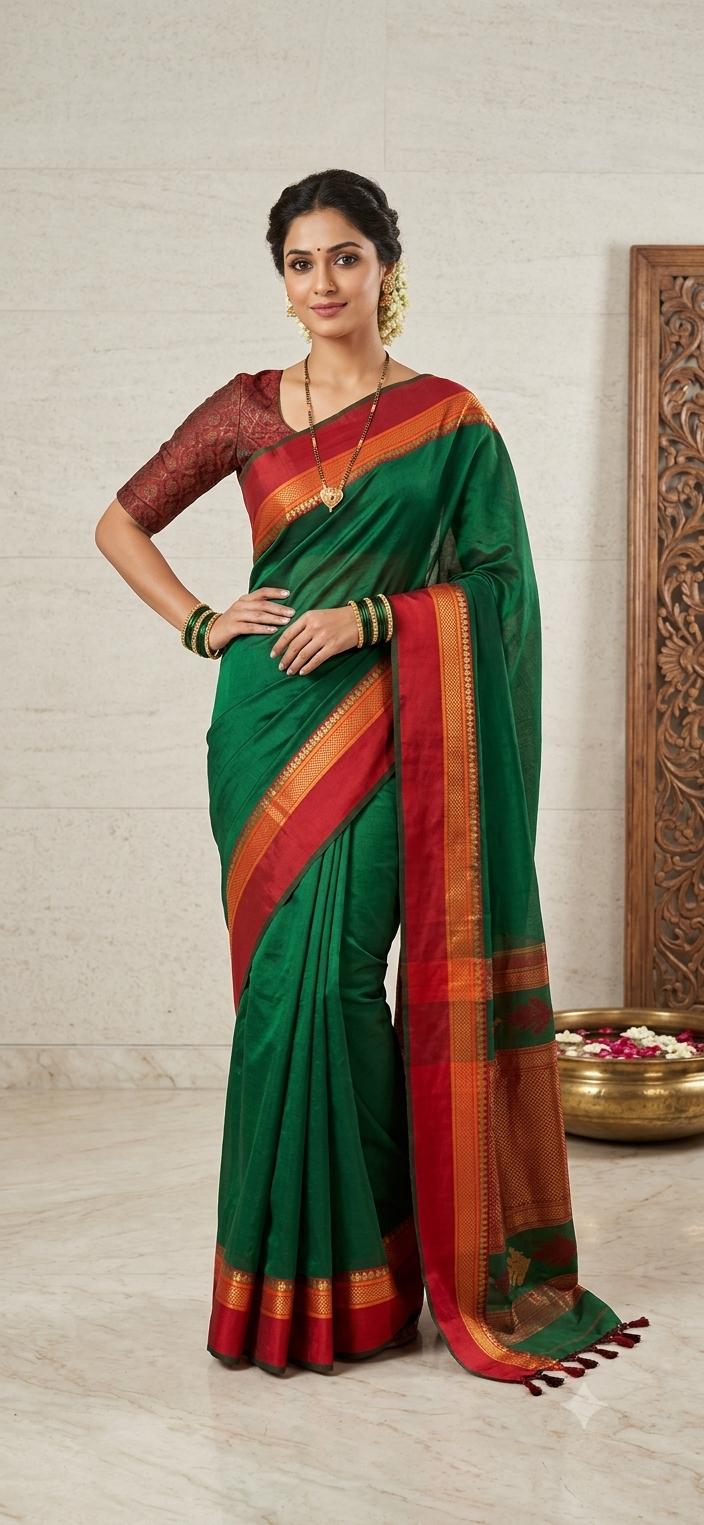 Deep Green Maheshwari Silk Saree-Ganga Jamuna