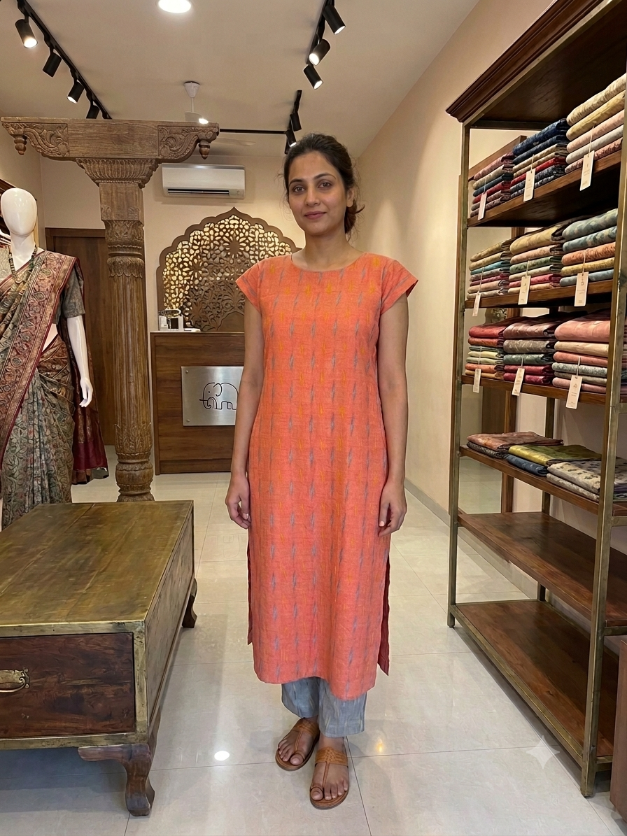 Orange pochampally Ikat cotton kurta handwoven