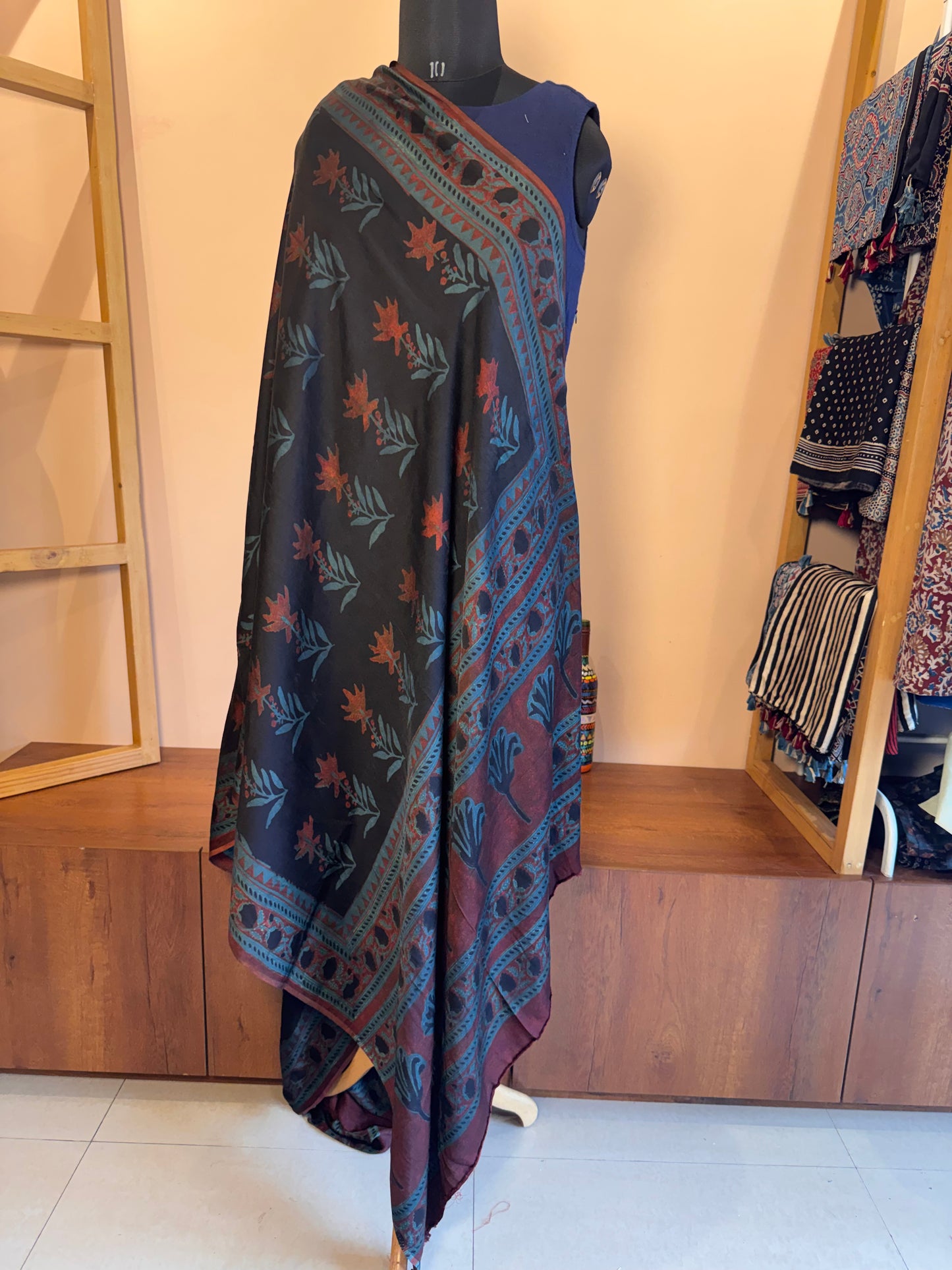 Black Modal silk hand printed dupatta bagru - bada phool