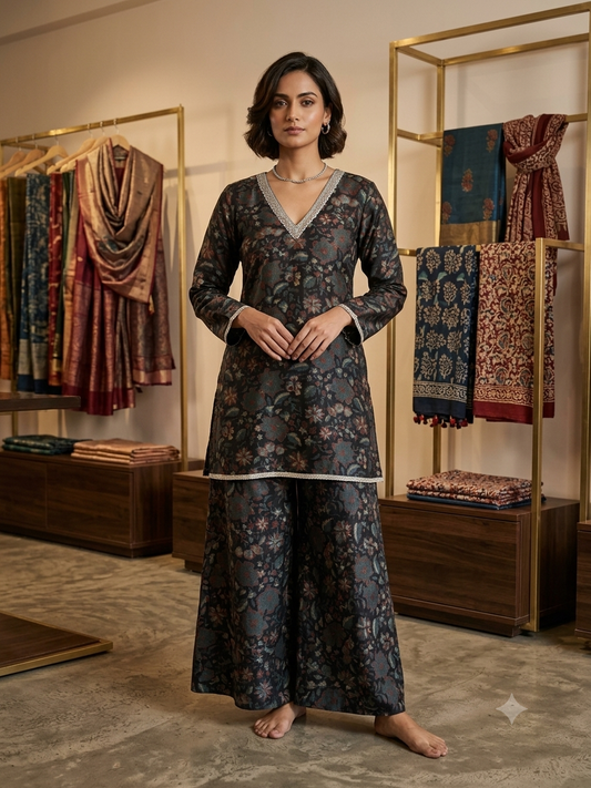 Chanderi hand painted short kurta and wide palazzo set