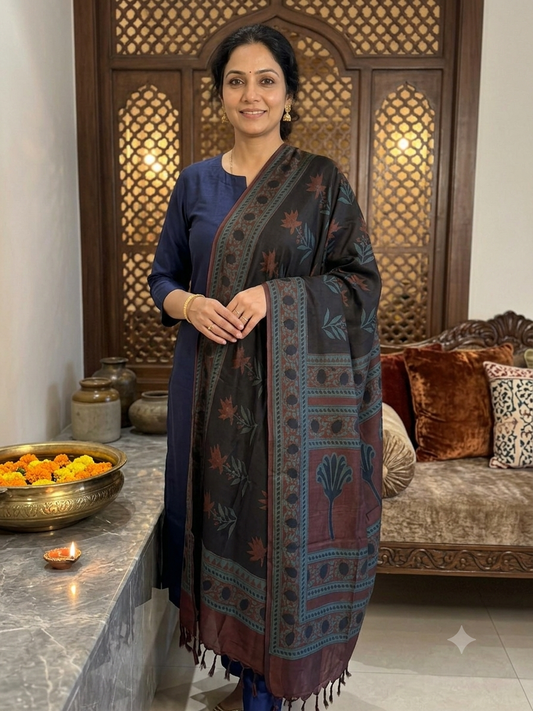 Black Modal silk hand printed dupatta bagru - bada phool