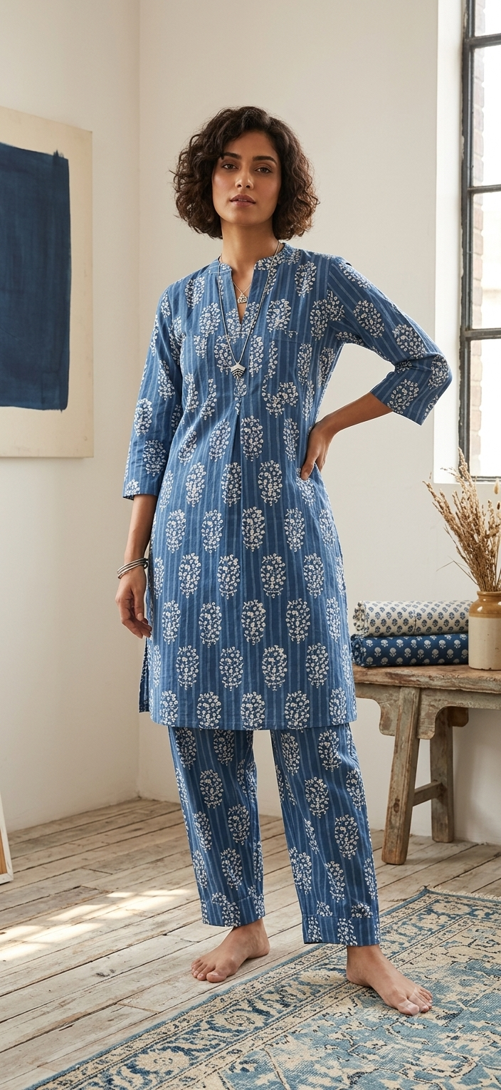 Indigo Pure cotton hand blocked kurta and pant set