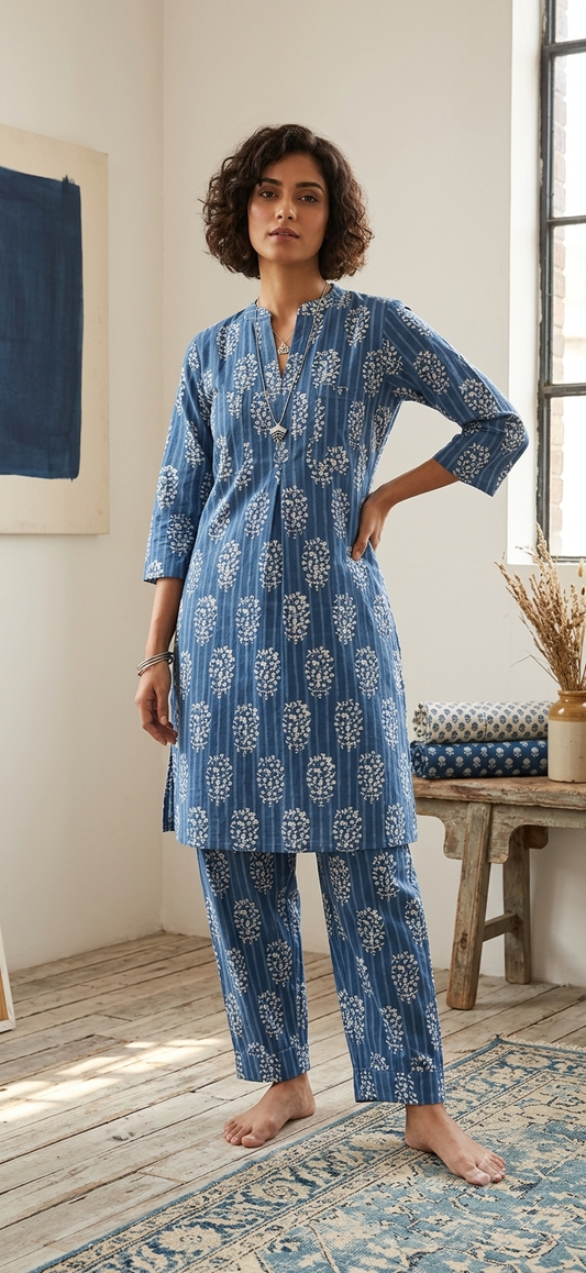 Indigo Pure cotton hand blocked kurta and pant set