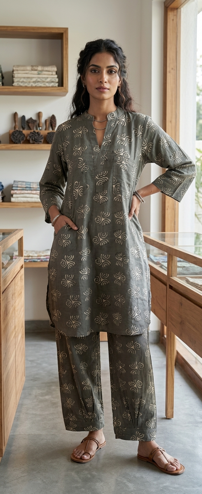 Brown Pure cotton hand blocked kurta and pant set