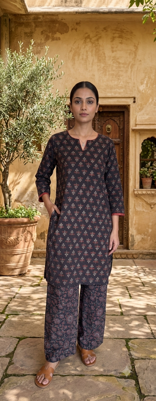 Dark brown Pure cotton hand blocked kurta and pant set