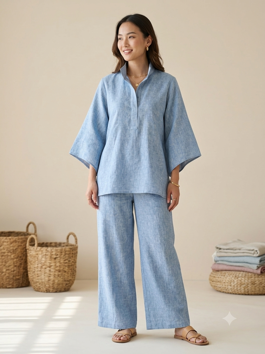 Blue pure linen pant with collored top no