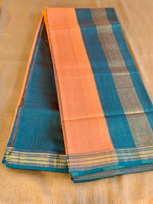 Peach and Blue Maheshwari Silk -Rassa Border Silk Cotton Saree