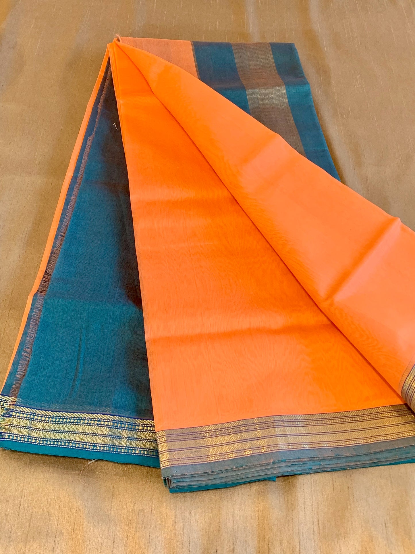Peach and Blue Maheshwari Silk -Rassa Border Silk Cotton Saree