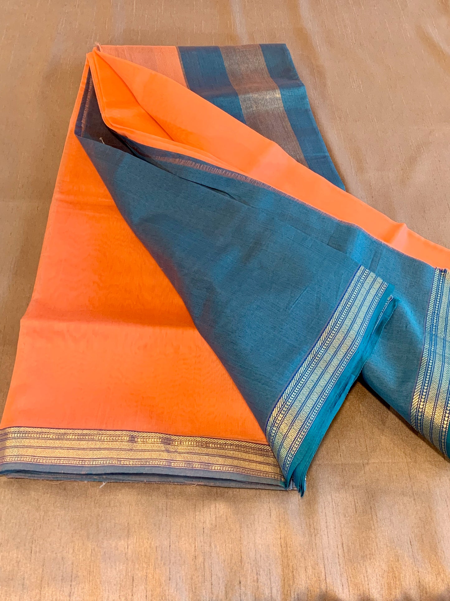 Peach and Blue Maheshwari Silk -Rassa Border Silk Cotton Saree