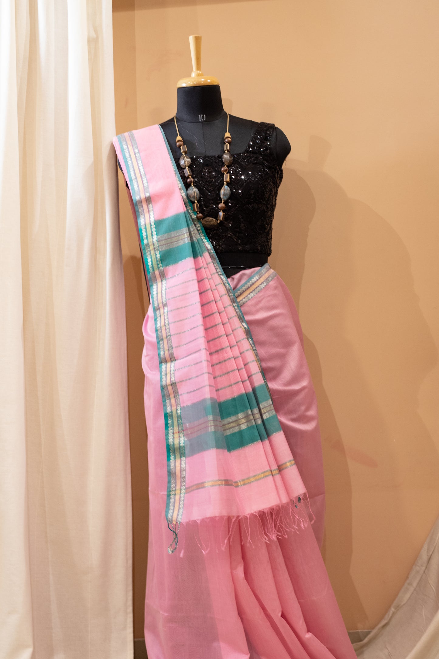 Pink and Blue Maheshwari Silk Saree- Machhali