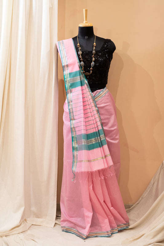 Pink and Blue Maheshwari Silk Saree- Machhali