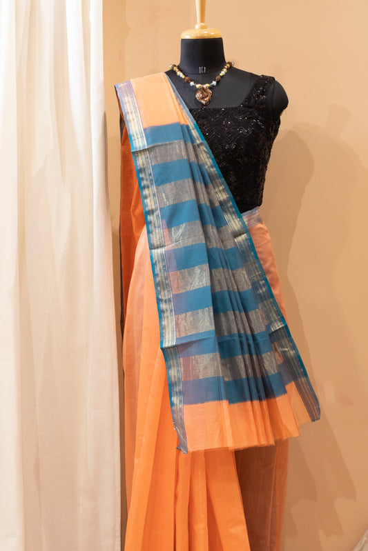 Peach and Blue Maheshwari Silk -Rassa Border Silk Cotton Saree